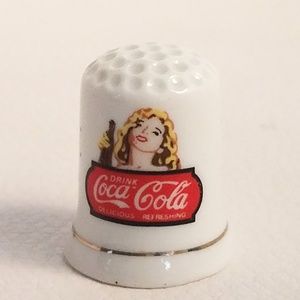 JSNY Coca Cola Girl & Bottle Transfer Gold Trim Porcelain Thimble